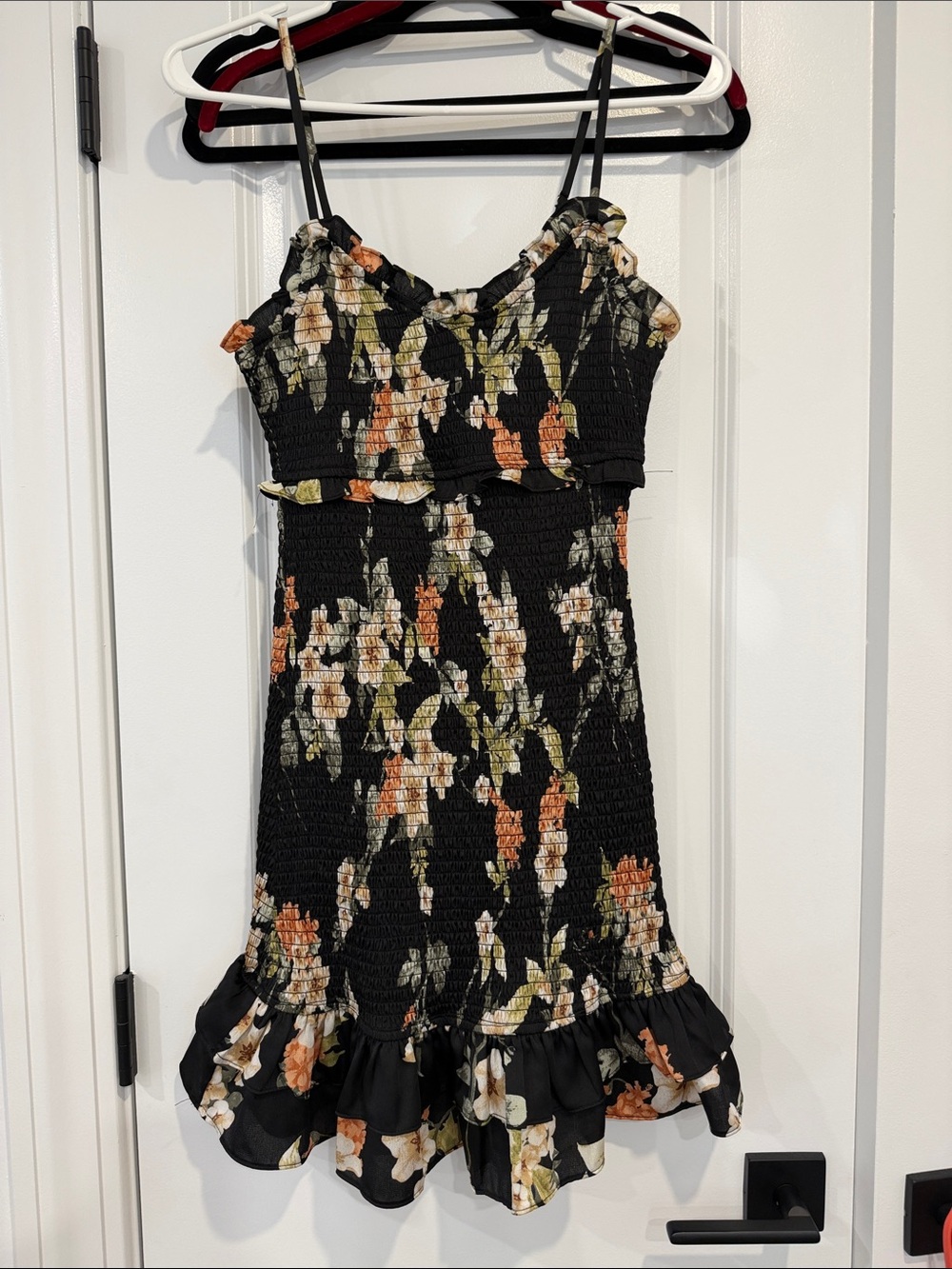 Black Floral Smocked Spaghetti-Strap Dress